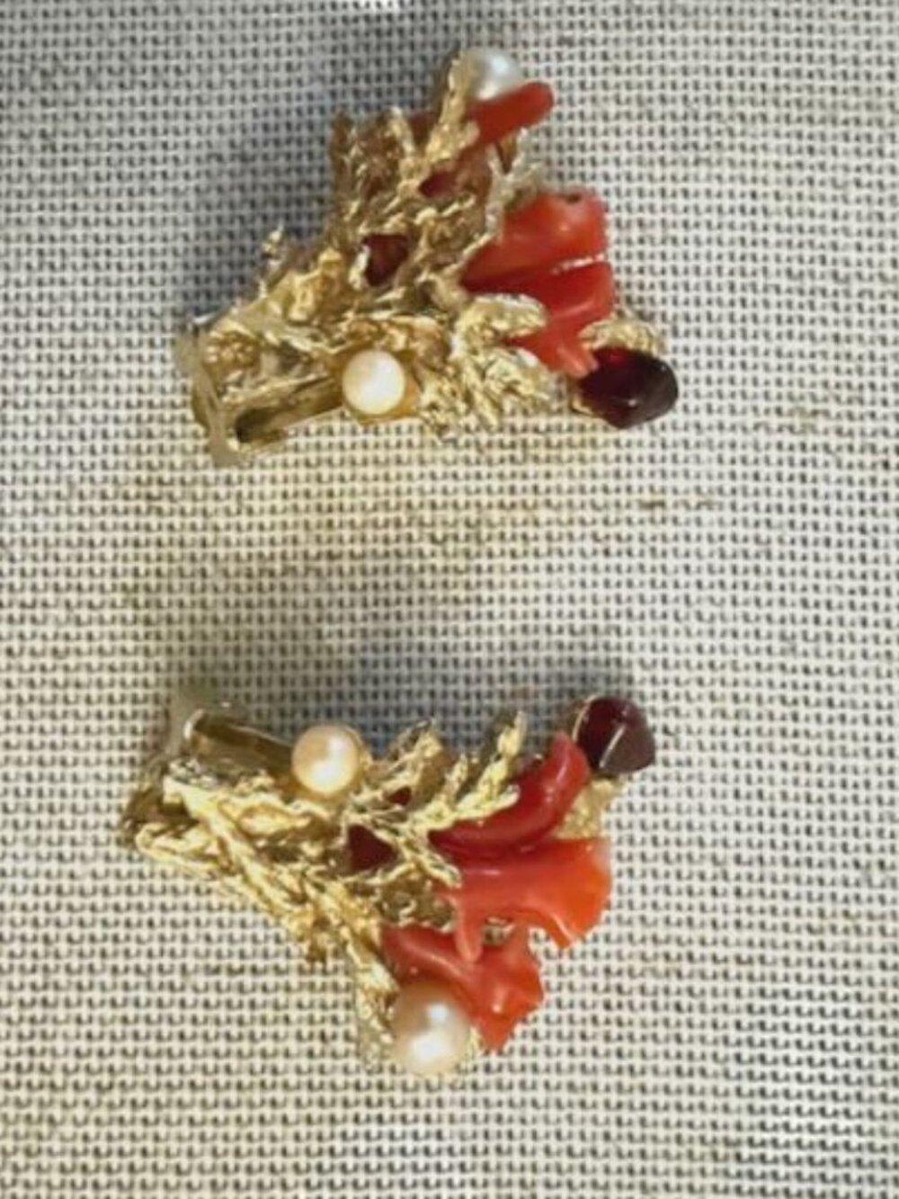 Vintage Swoboda 22 kt Gold Plated Coral Reef Clip Earrings w/ Pearls & Garnets